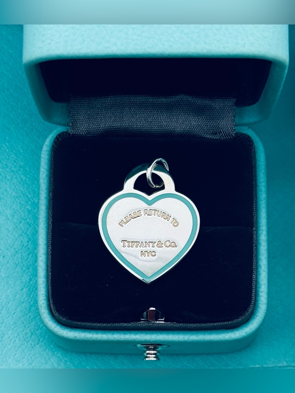 Tiffany & Co Retired SS Medium Blue Enamel RTT Border Heart Charm Pristine